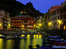 Waterfront at dusk in Cinque Terre region.