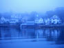 Boothbay Harbor, houses in morning fog.