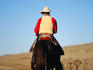 Cowboy on horse walking along track with dalmatian dog at Rancho Santa Fe.
