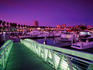 Moored boats and city skyline at dusk.