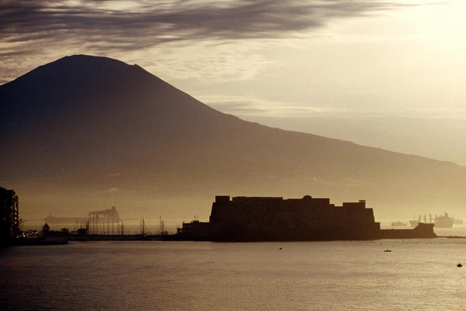 Castel dell'Ovo and Vesuvius in background.