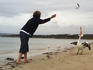 Woman feeding pelican (Pelecanus conspicillatus) on beach.