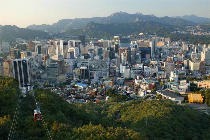 Overhead of Seoul with Namsam Cable Car in foreground.
