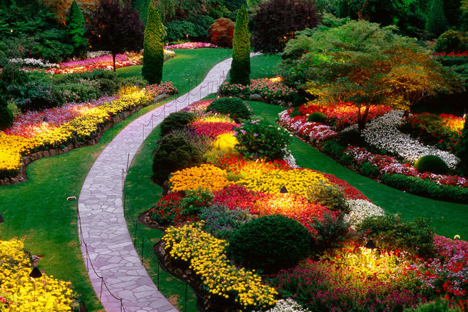 Overhead of Sunken Garden at dusk, Butchart Gardens, Saanich Peninsula.