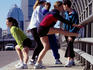 Women runners stretching.