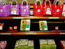 Sweets in packaging on shelves.