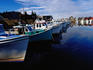 Lobster boats docked near store sheds.