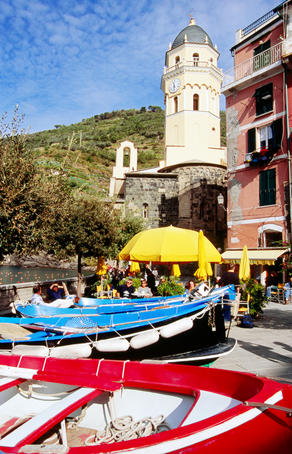 Fishing boats stored in town square, Cinque Terre.