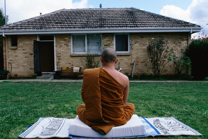 Back view of Buddhist monk.