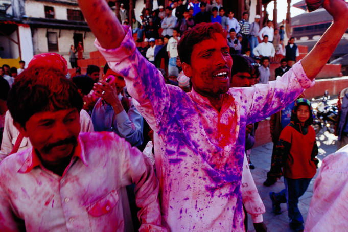 Musicians performing in Durbar Square during Holi.