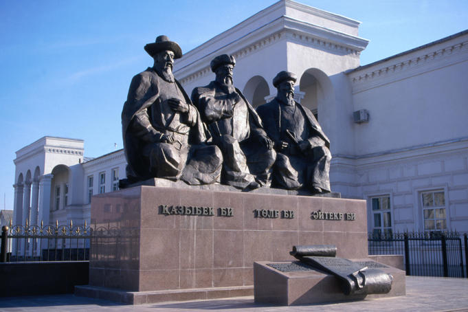 The statue of national Kazak heroes Kazybek Bi, Tole Bi and Ayteke Bi