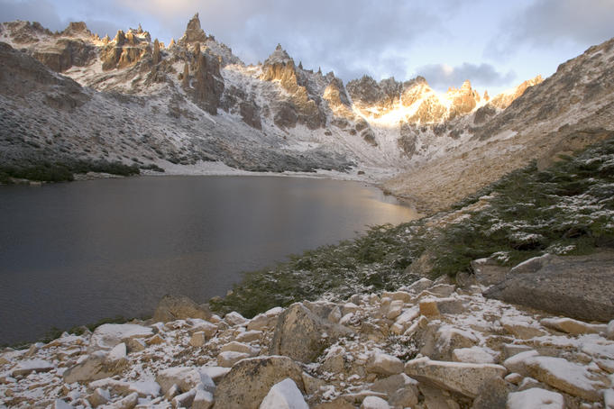 A dusting of snow around Laguna tonchek after a mid-summer storm.