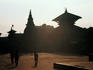 Temples in Durbar Square silhouetted at sunset.