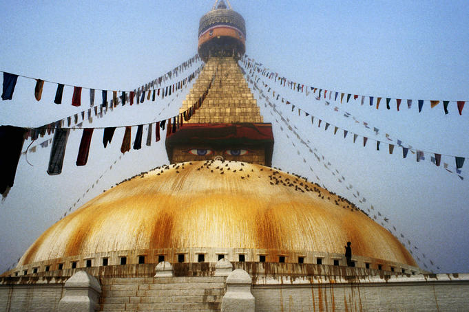 Bodhnath Stupa in mist on winter morning.