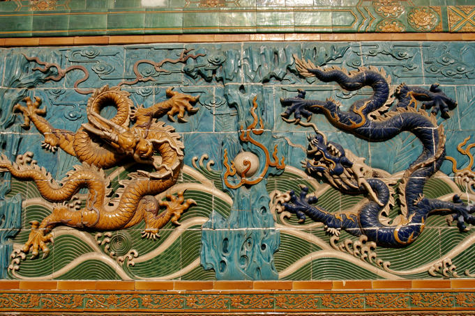 Detail of two glazed tile dragon on Nine-Dragon Screens, Beihai Park.