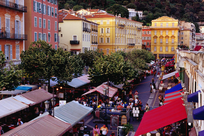 Overhead of restaurants on Cours Saleya in the old town.