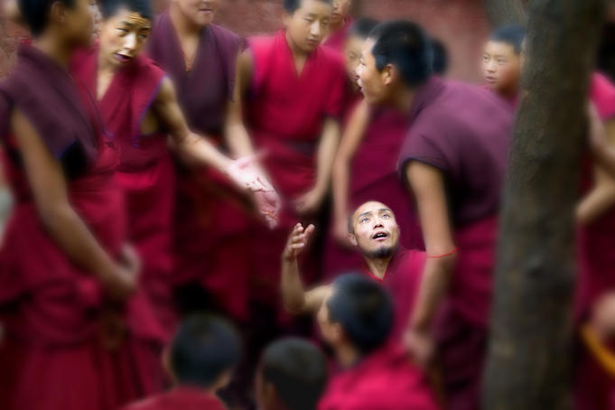 Tibetan student monks debating, Qiangbalin Temple.