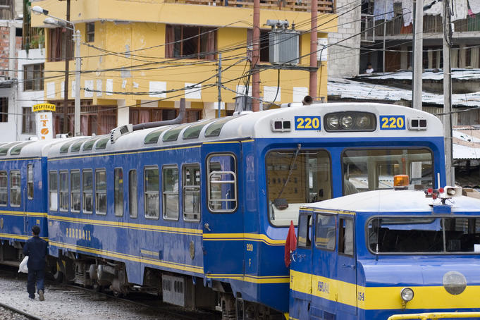 Aguas Calientes, or Machu Picchu Village, tourist train waiting for return trip to Cusco.