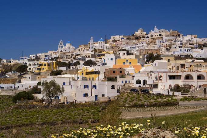 Pyrgos, situated at foot of Mt Profitis Ilias, is one of oldest settlements on island.