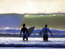 Two surfers wading out at Grajagan Bay.