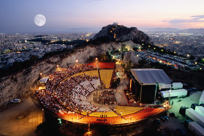 Overhead of open-air theatre of Lykavittos hill, each summer hosts musical, theatrical performances in evenings.