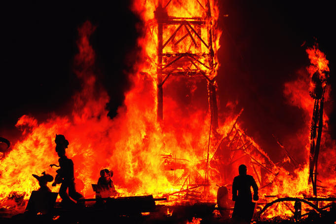 Hoguera monument burning at Hogueras de San Juan festival.