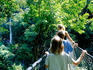 Woman and children on suspension bridge in forest.