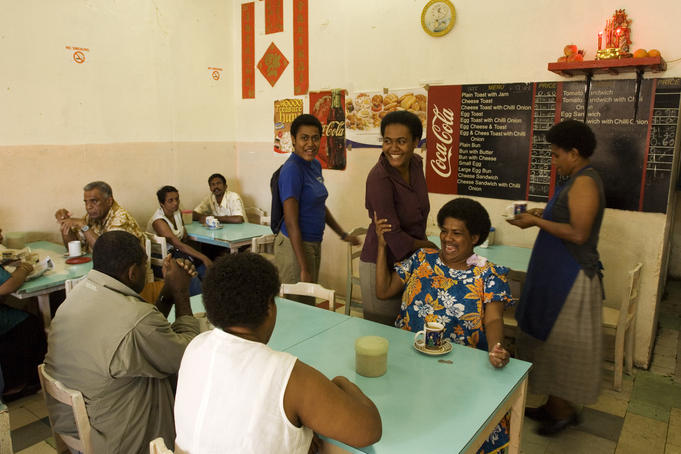 People in tea room in downtown.