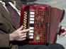 Street musician playing piano accordian.