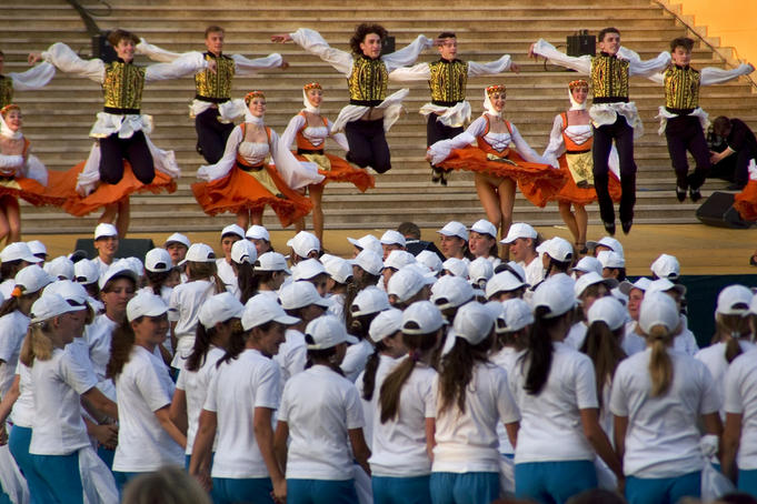 Leaping and twirling dancers at Sochi city festival.