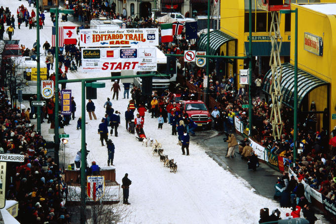 Overhead of start of Iditarod Sled Dog Race.