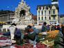 Fruit and vegetable market in Zelny trh Square and Town Hall Tower in background. Brnensky Region.