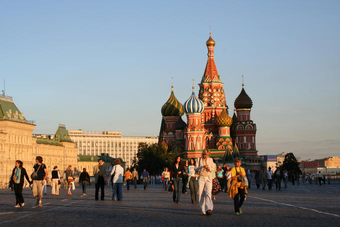 People in front of St Basil's Cathedral.
