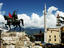 Statue of 15th century Albanian military genius Skanderberg stands over square named after him.