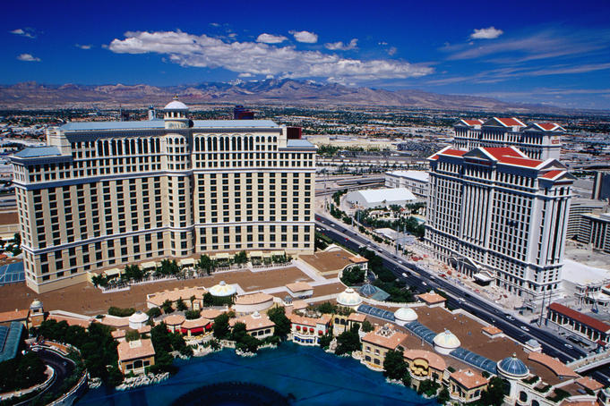 High angle view of Bellagio and Caesars Palace casinos.