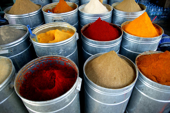 Colourful piles of spices on display in Spice Souk.