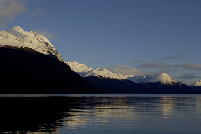 Snow covered hills above Lake Roca in Tierra del Fuego National Park.