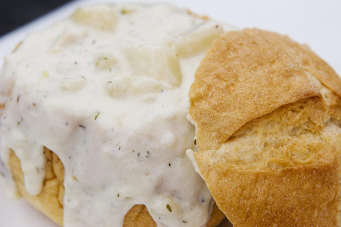 Clam chowder bread bowl.