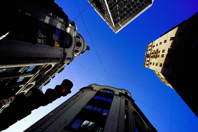 City buildings at corner of Florida and Juan D Peron Streets.
