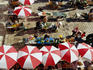 Overhead of umbrellas and stalls at Gunduliceva Poljana Market.