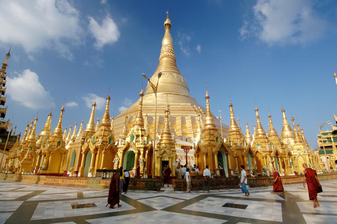 Shwedagon Paya, the most sacred Buddhist site in Myanmar. Its dome rises 98 metres above its base.