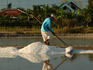 Salt farmer collecting his salt into heaps ready to be picked up and transported to depot.