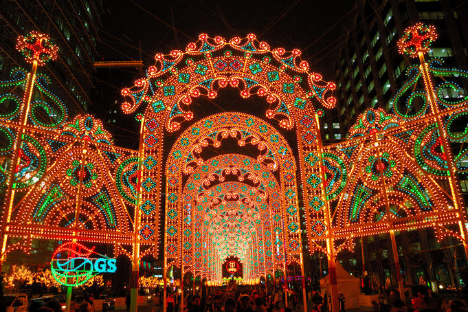 The Cheonggyecheon Stream and Christmas lighting draws crowds of locals out in early evening, Jonggak.