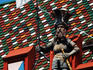 Detail of vivid red Rathaus (town hall) facade, with statue carrying Basel's coat of arms and rival Z