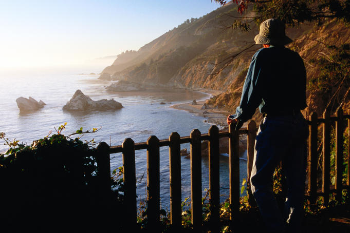 Man standing on observation deck looking at coastline, Pfeiffer Burns State Park.