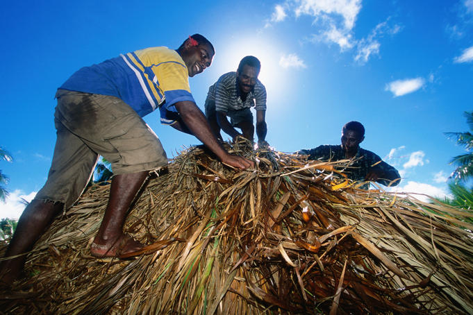 Three men repair bure roof.