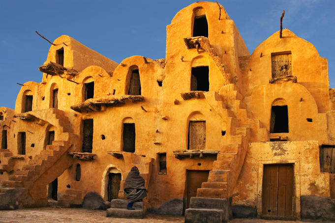 Exterior of four-storey ksar (fortified granary consisting of ghorfas, or individual grain stores).