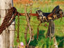 Horse saddle on rusted fence.