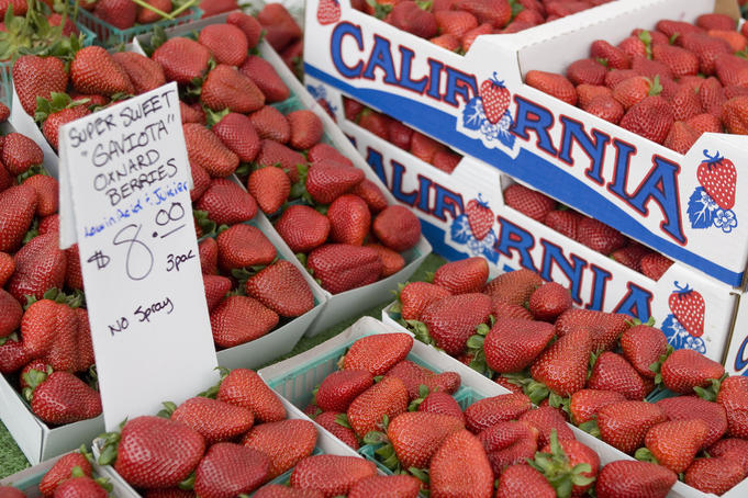Detail of strawberries for sale at Santa Monica Farmer's Market.