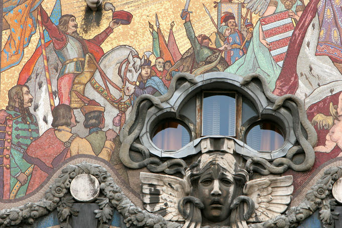 Colourful mosaic detail surrounding a window on the Art-Nouveau Torok Bank House on Szervita Ter, Pest.